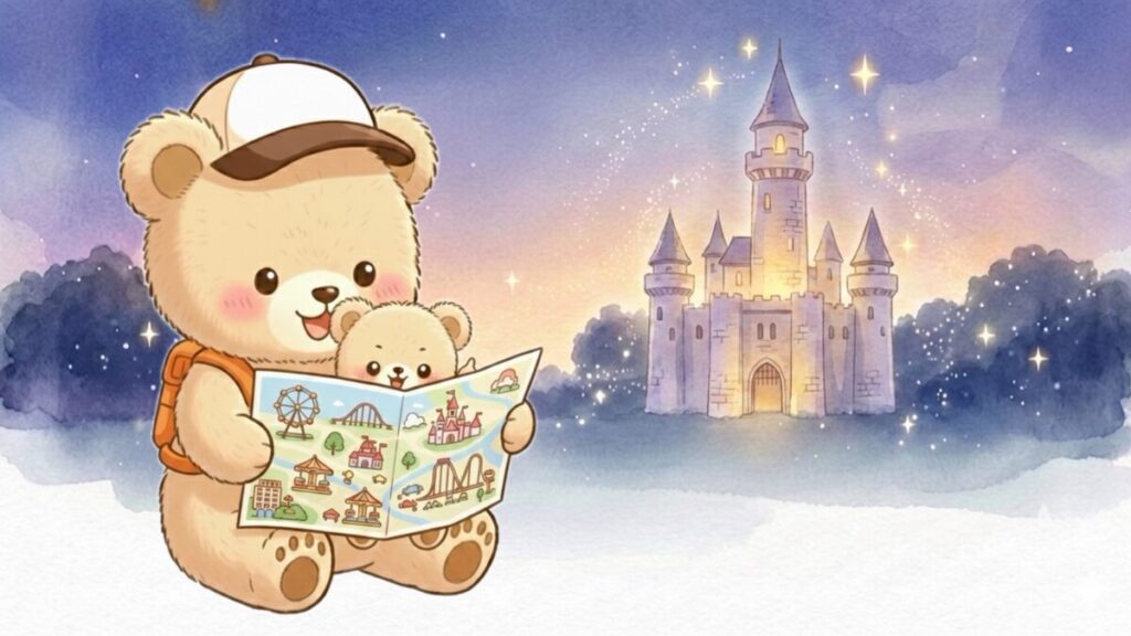お城を背景に、パークの地図を見てホテル選びの計画を立てる親子クマのイラスト。赤ちゃん連れに安心の和室や、コスパ最強の安い宿を探すパパママのイメージ。