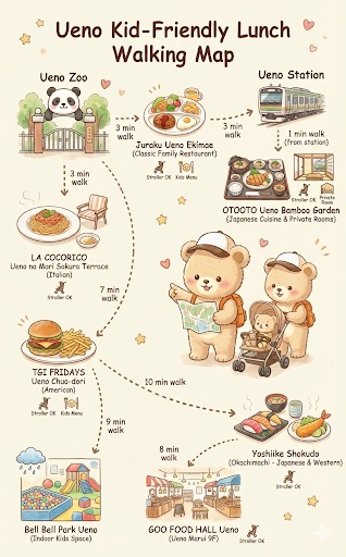 An illustrated walking map showing kid-friendly lunch spots within a 10-minute walk from Ueno Zoo and Ueno Station. It details walking times to restaurants like Juraku, OTOOTO, LA COCORICO, TGI FRIDAYS, Yoshiike Shokudo, and GOO FOOD HALL, highlighting features such as stroller access, kids' menus, and private rooms. Bell Bell Park is also included as a rainy-day option.