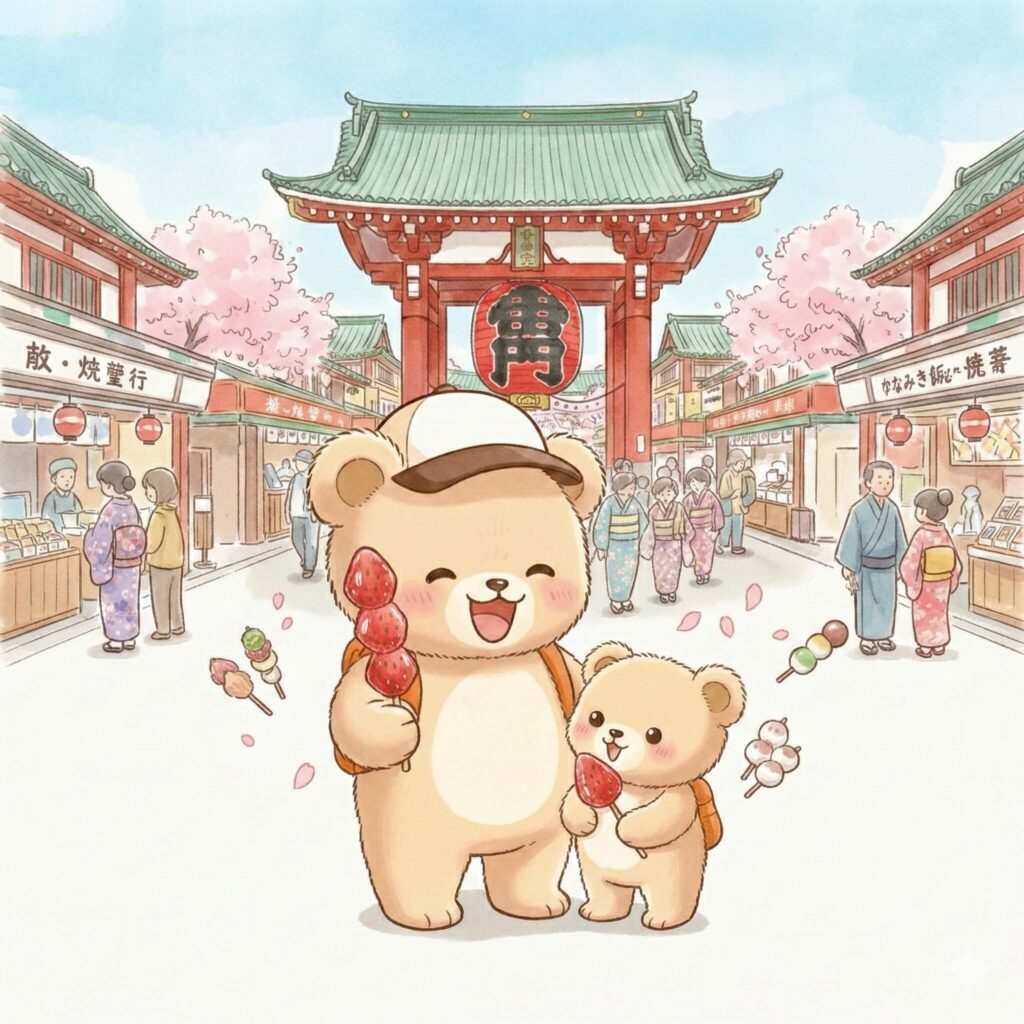 A bear mother and cub enjoying Japanese street food like strawberry candy and dango in front of the Kaminarimon Gate in Asakusa.