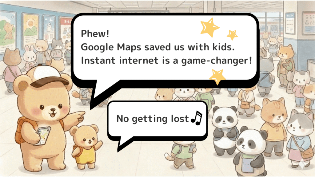 Mama and baby bear at a busy Japanese train station. Mama bear's bubble says "Phew! Google Maps saved us with kids. Instant internet is a game-changer!" Baby bear's bubble says "No getting lost🎵". Shows the reliable connection of Airalo eSIM for navigating complex train stations.