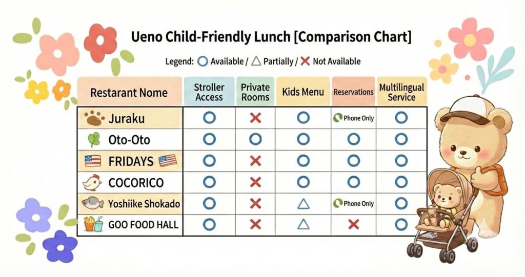Comparison chart of best family-friendly lunch restaurants in Ueno, Tokyo. Details on stroller access, private rooms, and English menus.