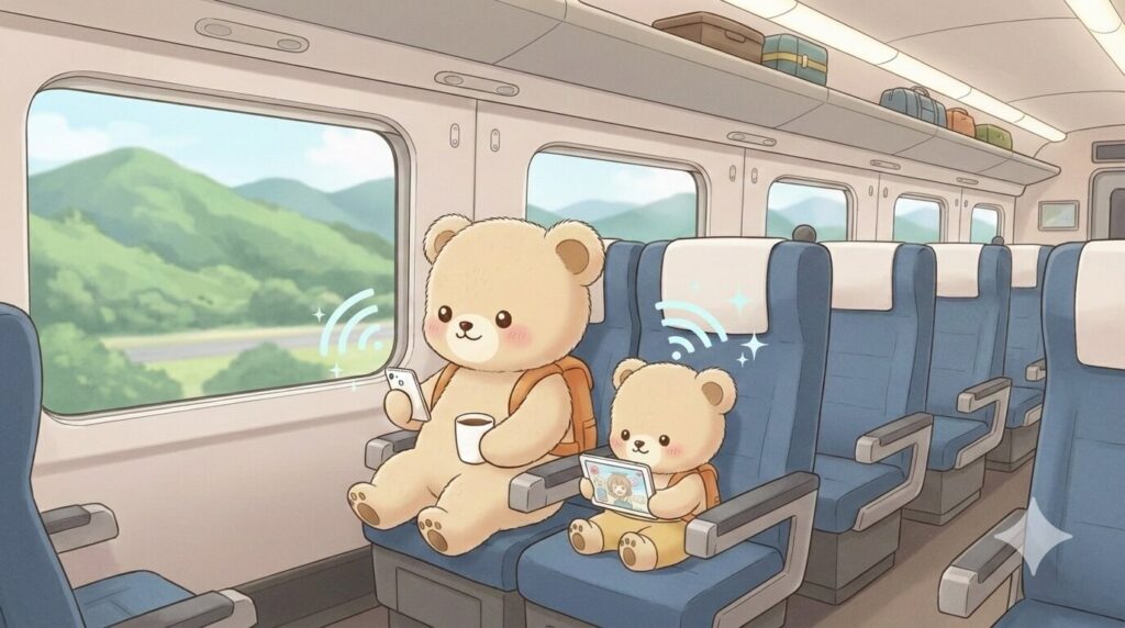 新幹線の車内で、ママがスマホのeSIMからテザリング（インターネット共有）をして、子どもが静かにタブレットで動画を見ている平和な様子。子連れ旅行の理想的な移動風景。