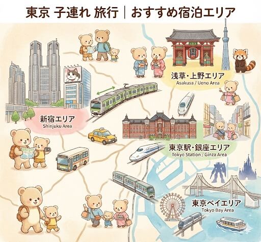 子連れの東京旅行におすすめの宿泊エリア（浅草・上野、新宿、東京駅・銀座、東京ベイ）が一目でわかる、移動手段とクマの家族が描かれたイラスト地図。