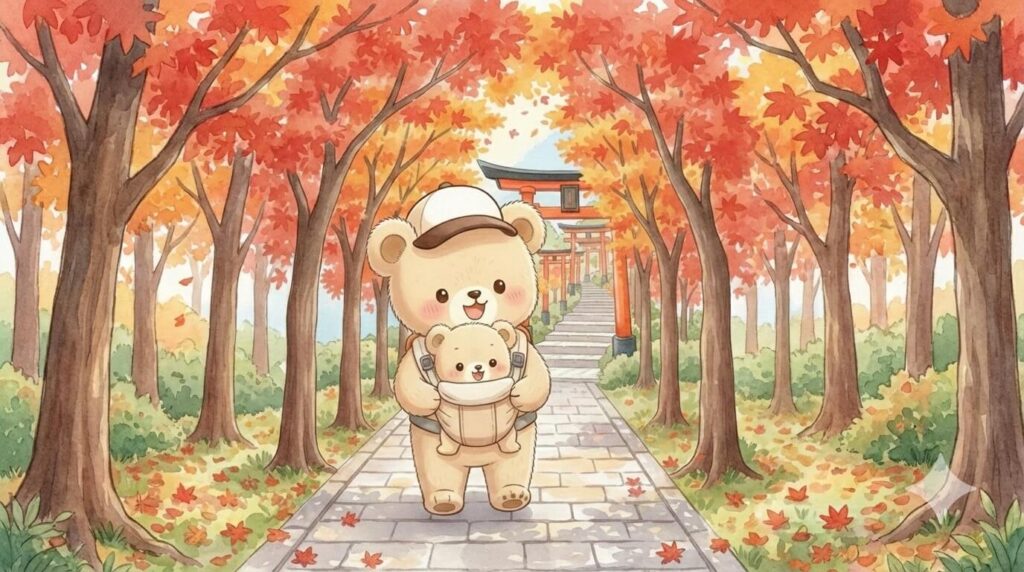 京都の鳥居を背景に、秋の落ち葉の中を親子のクマ（親グマと子グマ）が穏やかに散歩しているイラスト