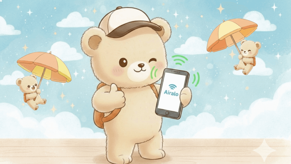 トラベルママベアが自信満々にウインクをしてAiralo（エアラロ）のeSIMを指差し推奨しているイラスト。「日本旅行のネットはこれ一択！」という確信を表現。
