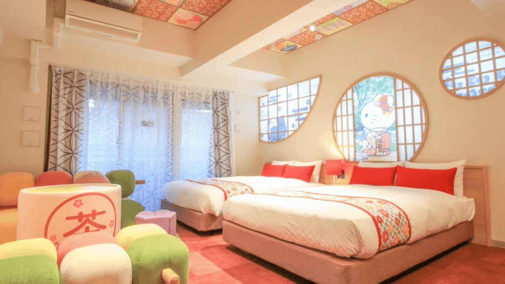 Hello Kitty themed room at RESI STAY THE KYOTO. A spacious family room featuring a cute, modern Japanese Hello Kitty design.