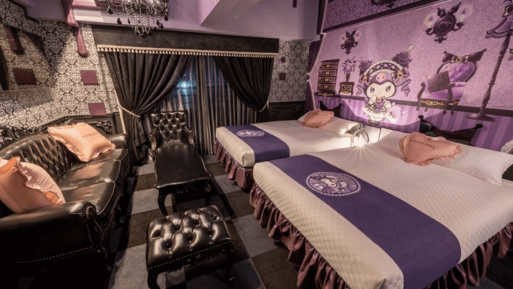 Kuromi themed room at RESI STAY THE KYOTO. A popular Sanrio character room perfect for fans and families with toddlers.