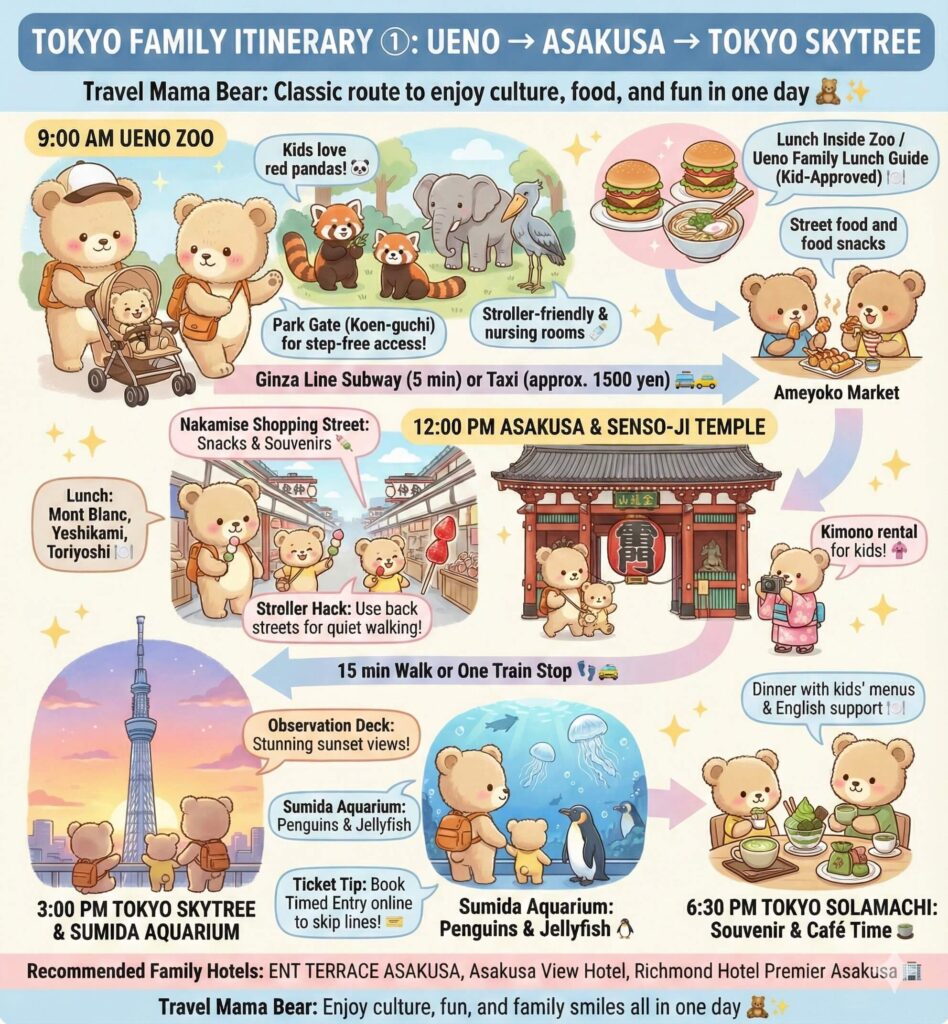 A collage illustration of a bear family's day trip in Tokyo, including Ueno Zoo, Asakusa Temple, Skytree, Sumida Aquarium, and dining at Solamachi.