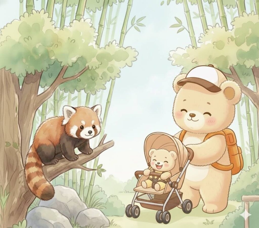 A cute bear cub pointing excitedly at a red panda at Ueno Zoo, with a mother bear watching over. Soft watercolor style with bamboo in the background.