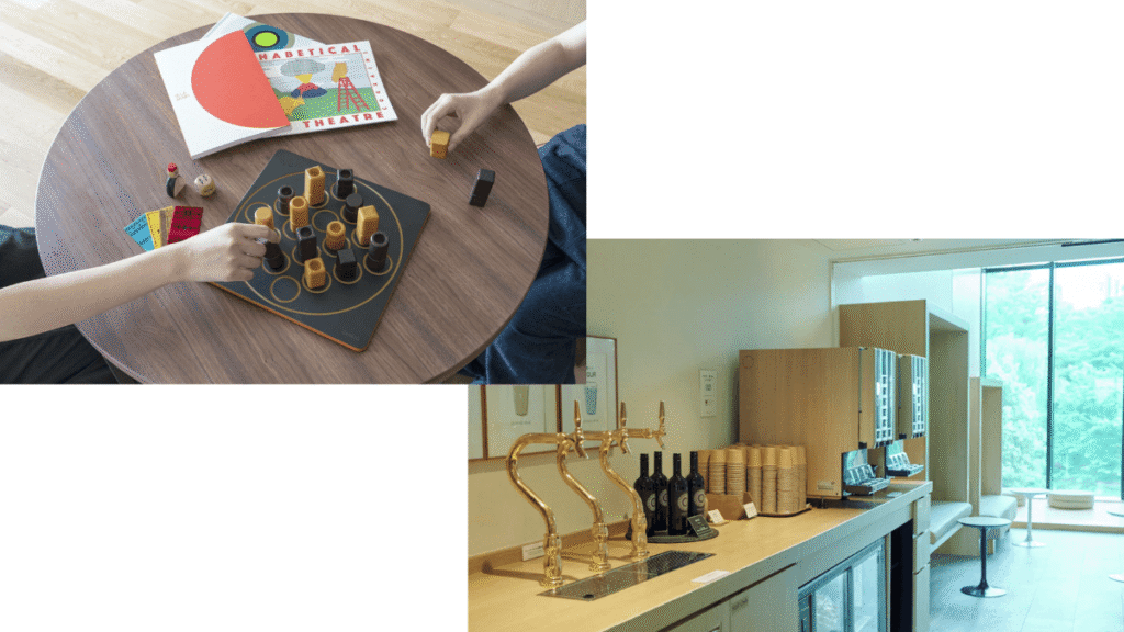 Awai-no-ma" playroom at Umekoji Potel Kyoto with wooden toys and books, next to a guest lounge offering free-flow alcoholic drinks and coffee.
