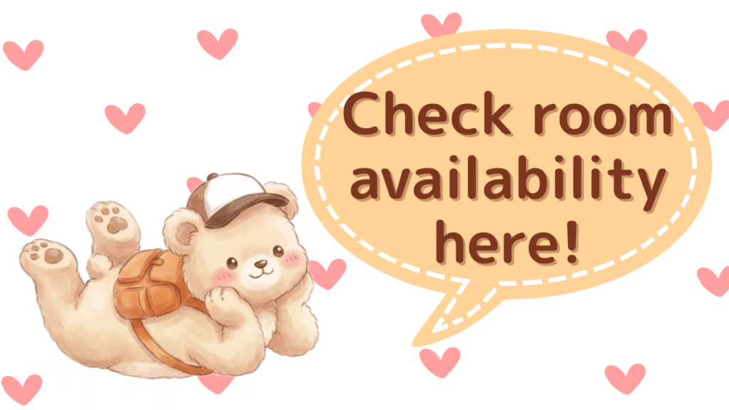 Travel Mama Bear illustration reminding parents to check availability for family-friendly tatami hotels