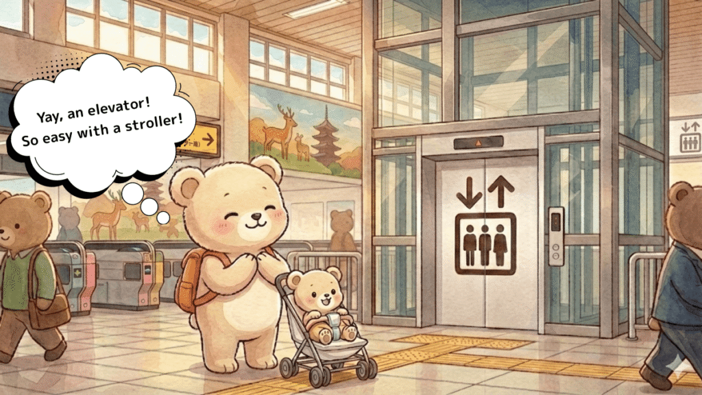 Illustration of Mama Bear and baby bear in a stroller feeling relieved after finding the elevator at the East Ticket Gate of Kintetsu Nara Station.