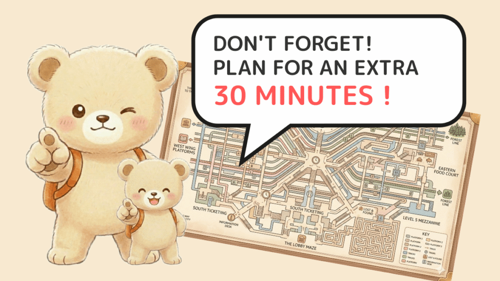 Bear family recommending 30 extra minutes for train transfers with a stroller at Tokyo Station.