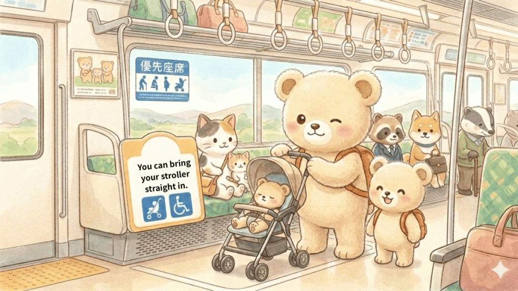 Bear family peacefully riding a Tokyo train with an unfolded stroller in the priority space.