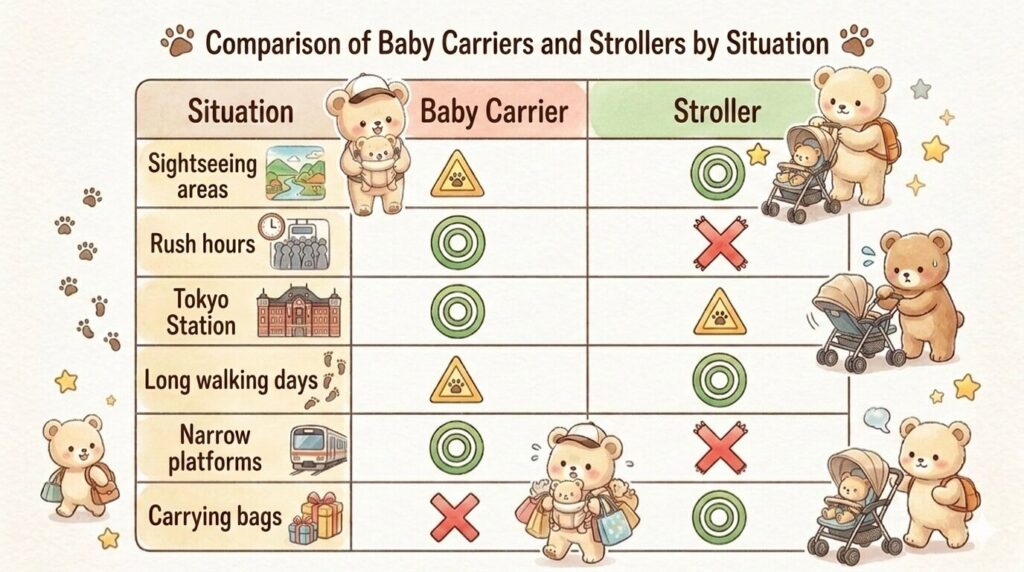 Comparison table showing when to use a baby carrier versus a stroller for Tokyo sightseeing and trains.
