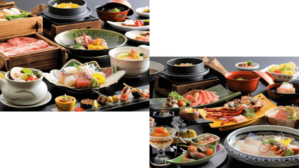 Delicious Yamato Beef Kaiseki dinner for adults and a colorful kids' meal plate for children.