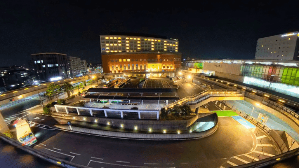 Night view of Hotel Nikko Nara building directly connected to JR Nara Station. Showing the easy access for stroller users and JR Pass holders arriving from Osaka or Kyoto.