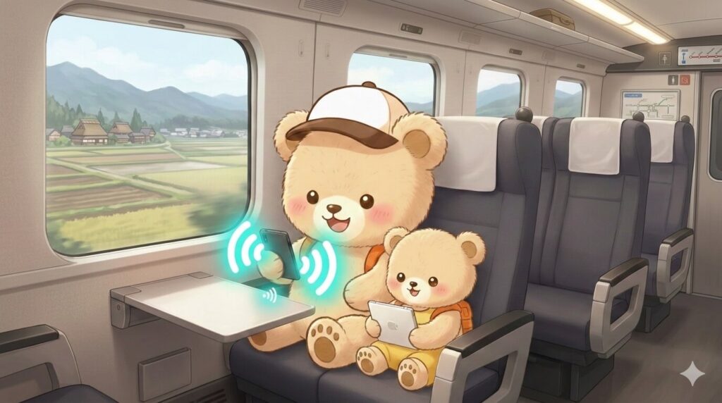 新幹線での移動中、ママのスマホ（AiraloのeSIM）からテザリング（インターネット共有）をして、子どもがiPadで動画を楽しんでいる様子。専用のデータプランは不要であることを示しています。