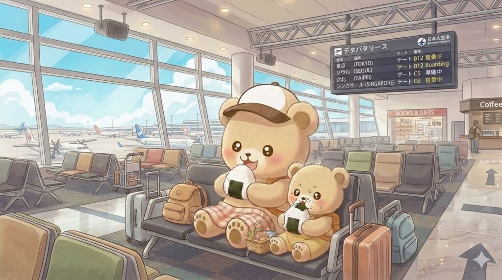 日本の空港に到着後、ポケットWiFiレンタルの列に並ばず、すぐにeSIMでネットを繋いでコンビニのおにぎりを食べる親子クマ。手続き不要で時間を節約できるメリットを表現しています。