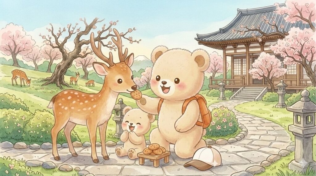 奈良公園の東大寺南大門の前で、ベビーカーを押してワクワクしながら観光をスタートするママベアと子グマのイラスト