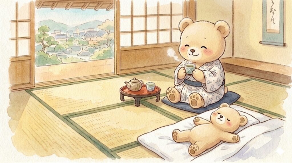 奈良観光の後、ホテルの和室でお布団で眠る子グマの横で、お茶を飲みながらホッとくつろぐママベアのイラスト