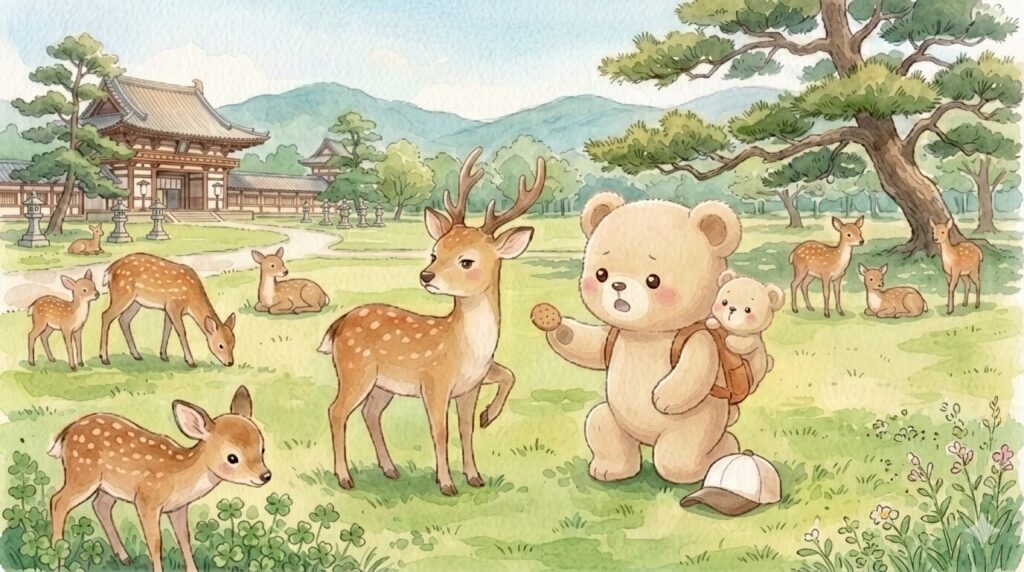 奈良公園で鹿せんべいを差し出す子グマに対し、お腹いっぱいでプイッと横を向く鹿のイラスト
