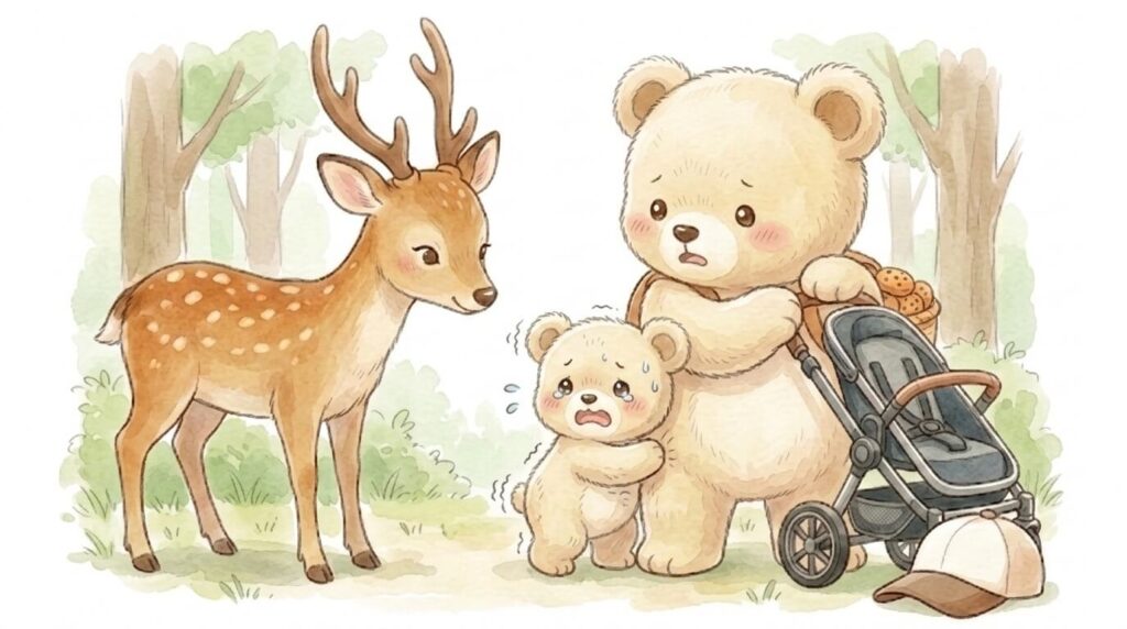 奈良公園で大きな鹿に囲まれ、怖くてママベアの足元に隠れて震えている子グマのイラスト