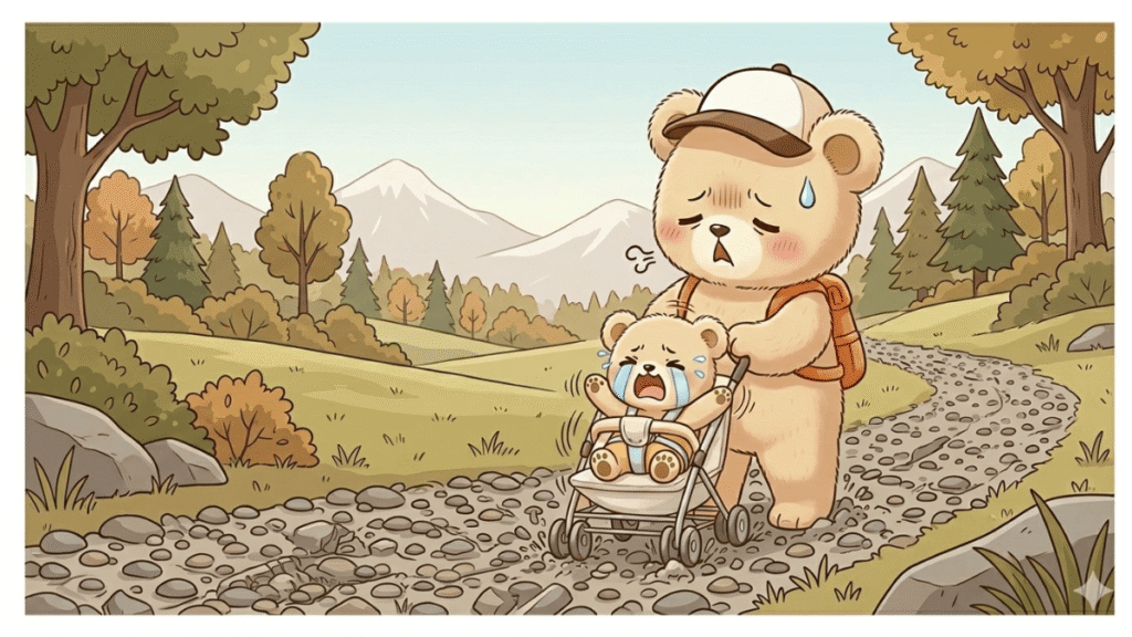 奈良公園や東大寺の砂利道でストローラーを押して疲労困憊のママのイラスト