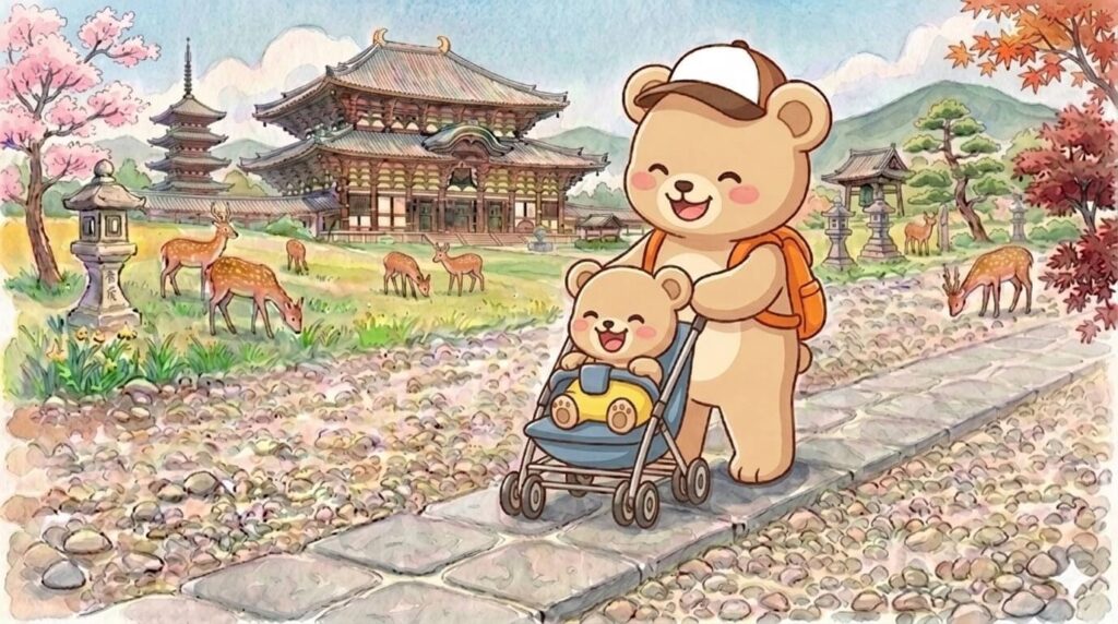 奈良公園の砂利道を避け、平らな石畳の上をベビーカーでスムーズに進むママベアと子グマのイラスト