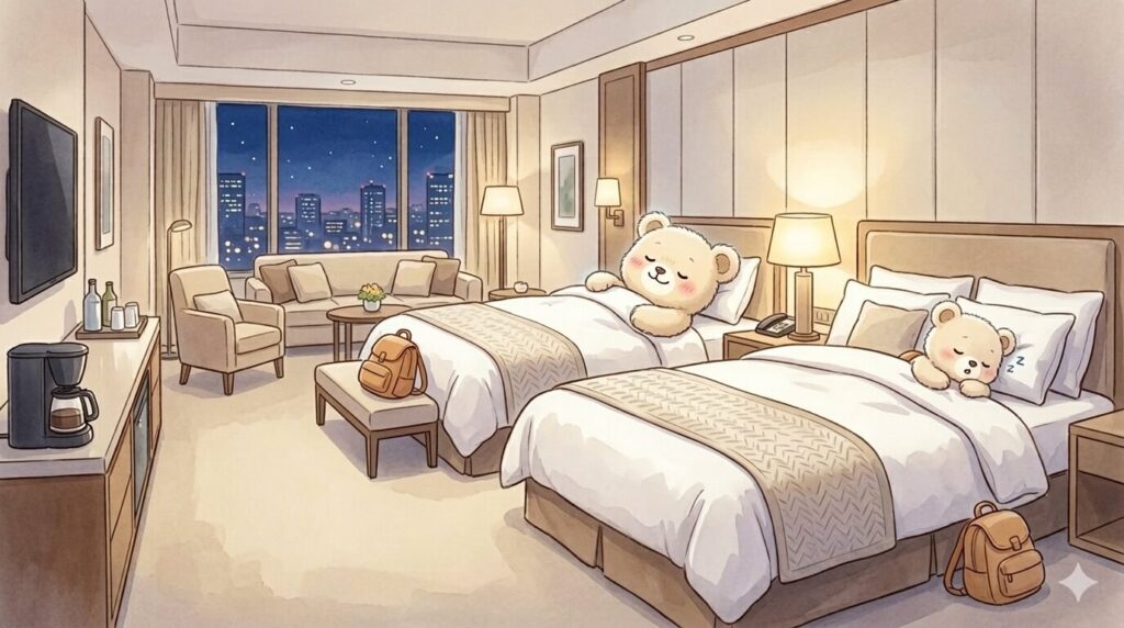 A cute illustration of a parent bear and a baby bear sleeping peacefully in comfortable hotel beds at a family-friendly hotel near Tokyo Disney Resort. The modern room has a window view of the city night sky.