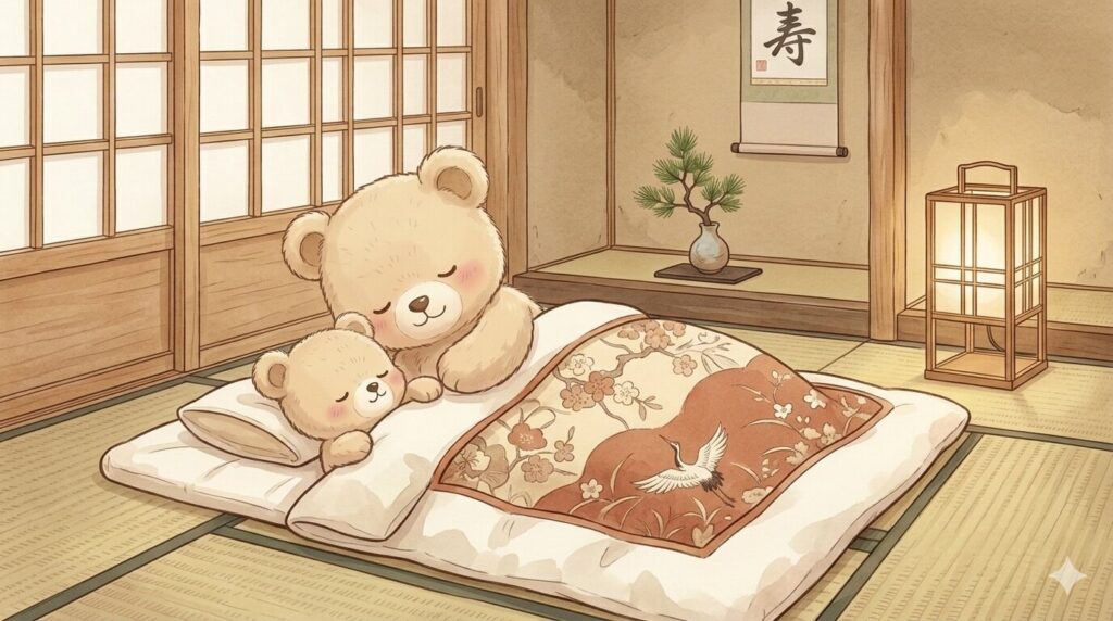 和室の布団で安心して添い寝をする親子クマのイラスト。東京ディズニーリゾート周辺で、赤ちゃん連れでもベッド転落の心配がない和室や、添い寝無料のコスパ最強ホテルを探すパパママ向けのイメージ。