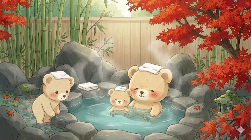 紅葉を見ながら露天風呂（温泉）で疲れを癒やす親子クマのイラスト。東京ディズニーリゾート周辺で、宿泊費が安いコスパ最強の宿でありながら、天然温泉や大浴場が楽しめる子連れ向けパートナーホテル（エミオンなど）を探すパパママのイメージ。