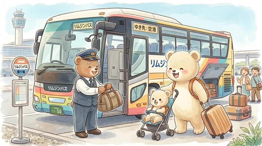 An illustration of a happy bear family (mother bear, father bear, baby bear) with a massive suitcase, another bag, and a stroller. They are arriving at the airport bus curb and happily approaching the open luggage bay of a brightly colored 'AIRPORT BUS' to check in their bags.