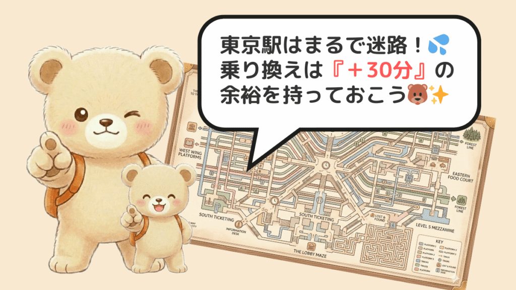 迷路のように複雑な東京駅の地図とクマの親子のイラスト。ベビーカーでの乗り換えは大変なので「＋30分」の余裕を持つことを推奨しています。
