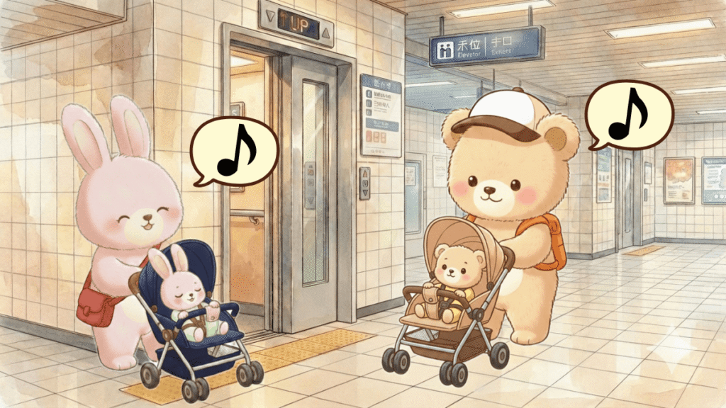 東京の駅でエレベーターを利用して、ベビーカーで快適に移動するクマとウサギの親子のイラスト