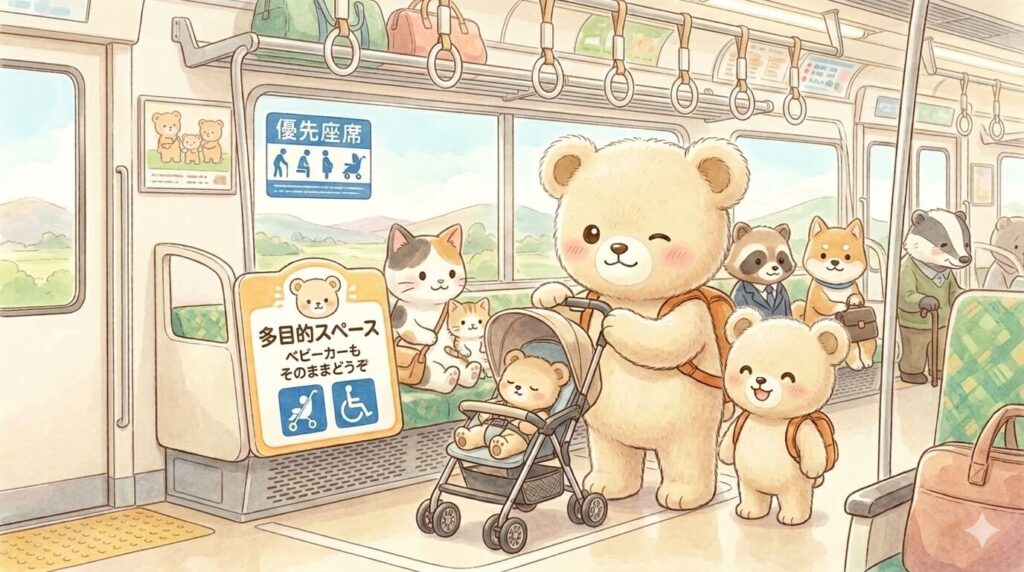 電車の多目的スペース（優先席付近）で、ベビーカーを畳まずに平和に乗車している親子のイラスト