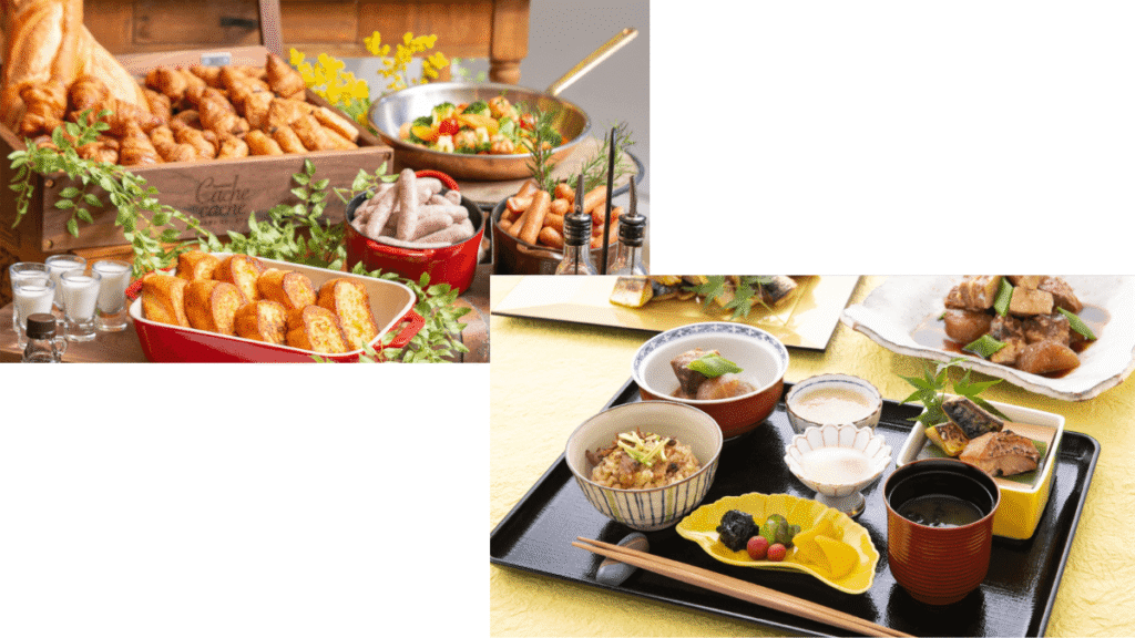 浦安ブライトンホテル東京ベイの朝食ビュッフェの和食と洋食のコラージュ。上段はオムツケーキ風のデザートやサンドイッチなどの洋食。下段はだし巻き卵や焼き魚、和惣菜が並ぶ和食。どちらも非常に美味しそう。