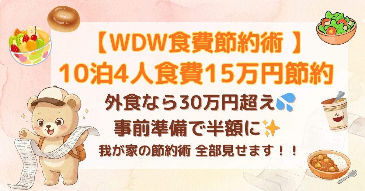 WDW子連れ旅行の食費節約術アイキャッチ。10泊4人家族の食費を抑える方法を、 レシートを持つクマのキャラクターとフルーツ・ベーグル・サラダ・カップ麺・ カレーのイラストで表現。「外食なら30万円超え、事前準備で半額に」のコピー付き