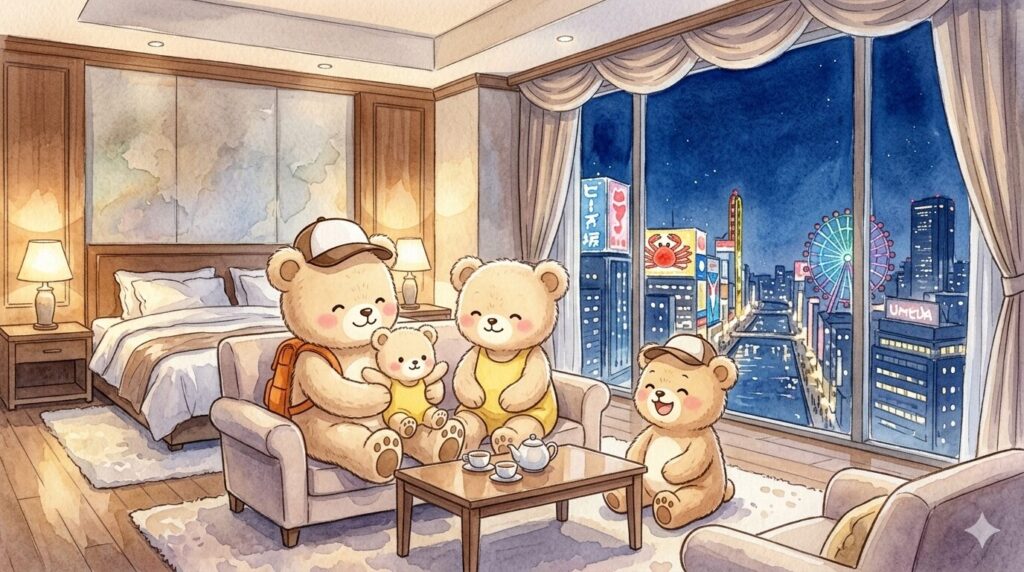 Bear family of four relaxing happily in their Osaka hotel room, enjoying the city night view from the window after a fun day exploring