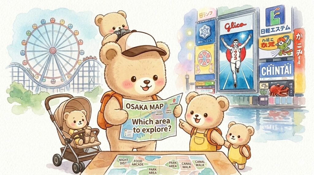 Bear family spreading out an Osaka map together, comparing USJ area hotels versus Dotonbori city center hotels for their family trip