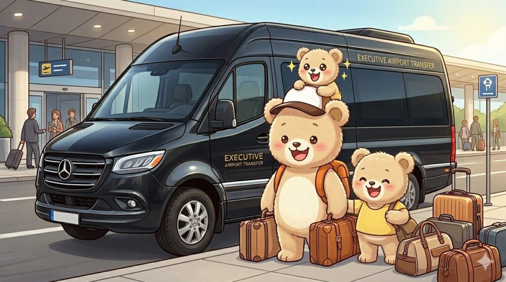 Bear family with kids and luggage smiling at Kansai Airport KIX, ready to take a private transfer to Osaka