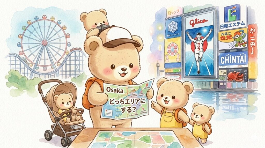 クマ家族が大阪の地図を広げてホテルエリアを話し合っているイラスト。道頓堀・なんばエリアの川と提灯を背景に子連れ旅行を計画中