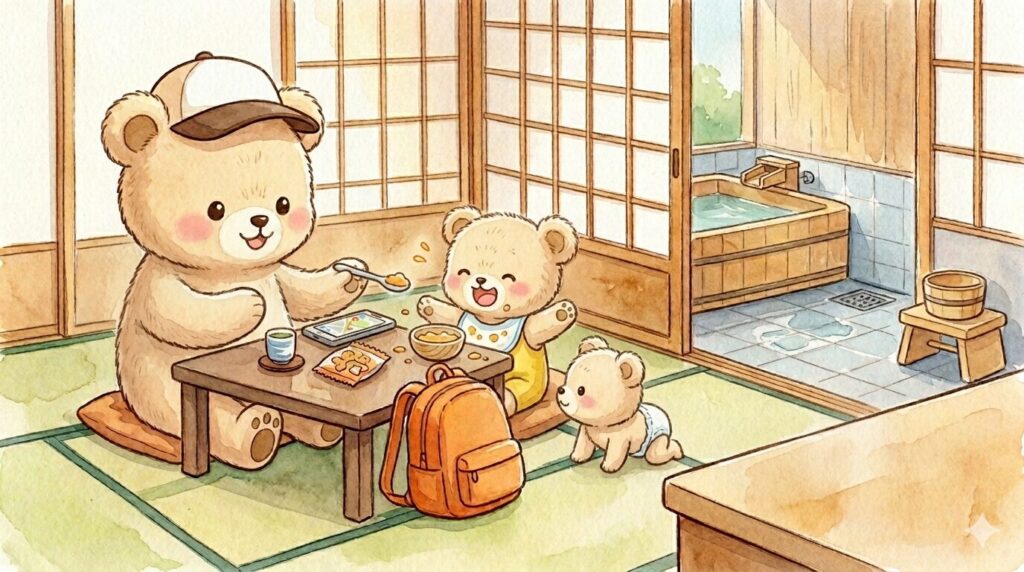 洗い場付きのお風呂と和室がある宿で、赤ちゃんに離乳食をあげているクマ家族のイラスト。赤ちゃん連れ旅行に嬉しい設備が揃っている