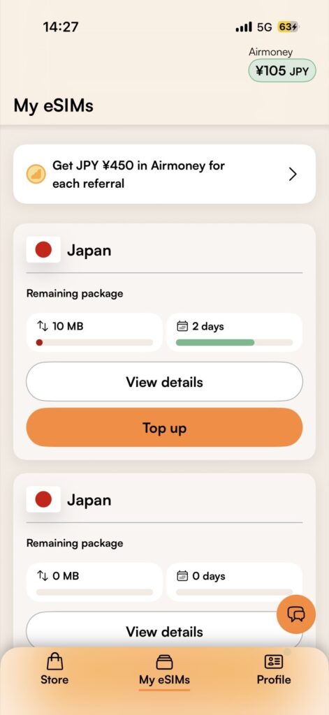 Airalo app My eSIMs screen showing Japan data package with remaining balance