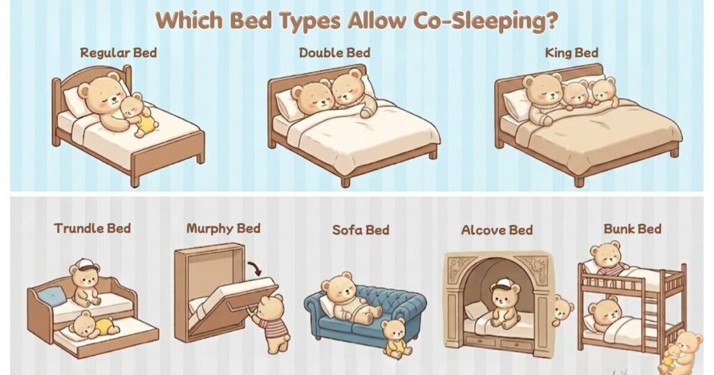 Illustration showing Tokyo Disney hotel bed types for co-sleeping. Top row — OK: Regular Bed, Double Bed, King Bed. Bottom row — NOT permitted: Trundle Bed, Murphy Bed, Sofa Bed, Alcove Bed, Bunk Bed.