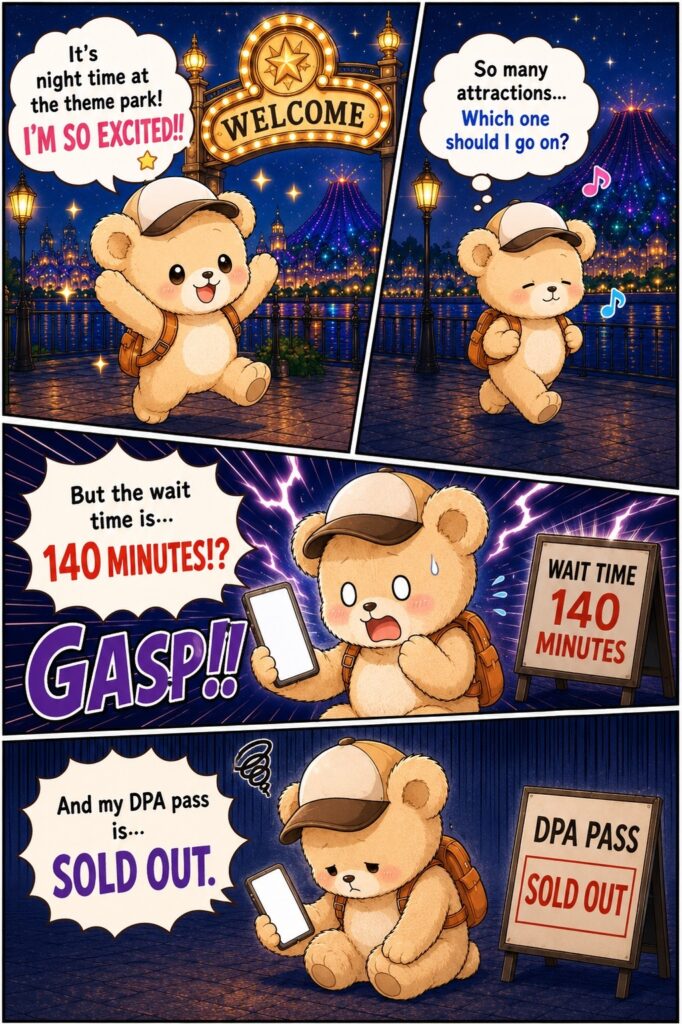 Illustration: bear character experiencing the reality of Fantasy Springs attraction wait times at night