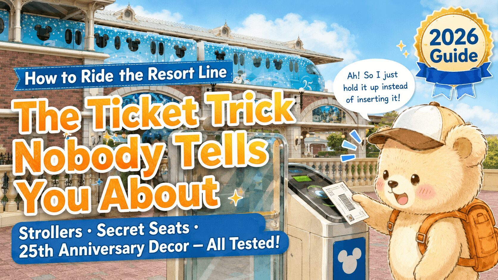 Disney Resort Line family guide eyecatch — bear scanning ticket at gate with speech bubble saying the ticket trick, Resort Line monorail in background