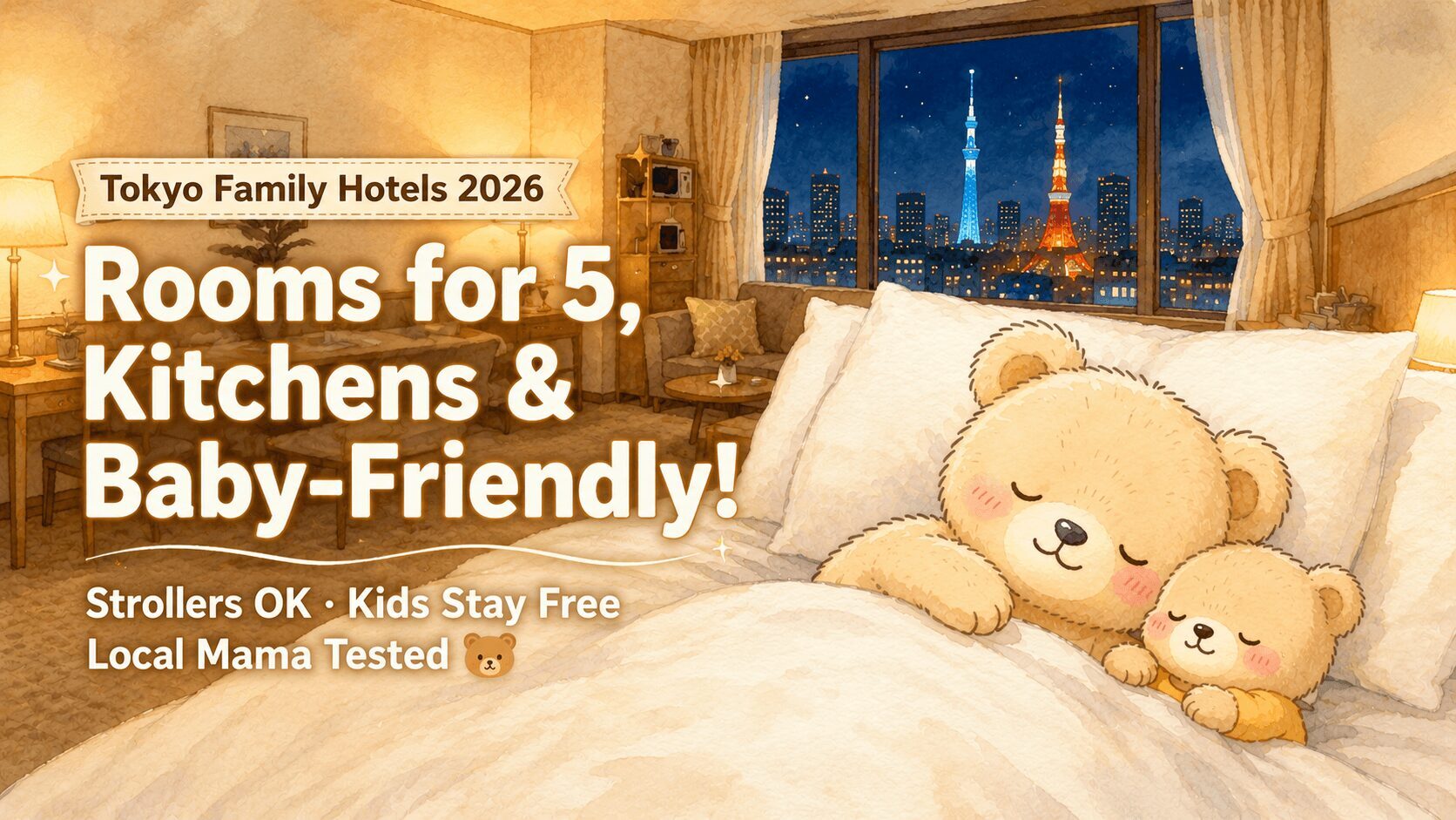 Tokyo family hotel guide eyecatch — bear mother and baby sleeping in a cozy hotel room with Tokyo Tower and Skytree night view