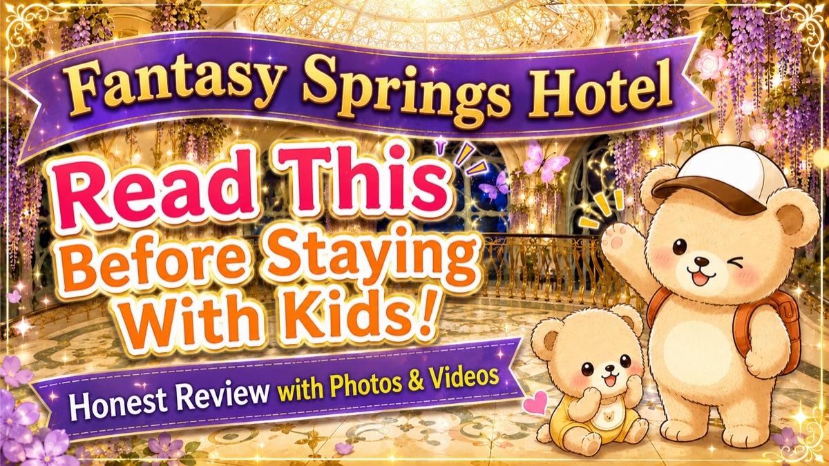 Fantasy Springs Hotel honest family review — Travel Mama Bear characters with tape measure and Fantasy Springs Hotel room