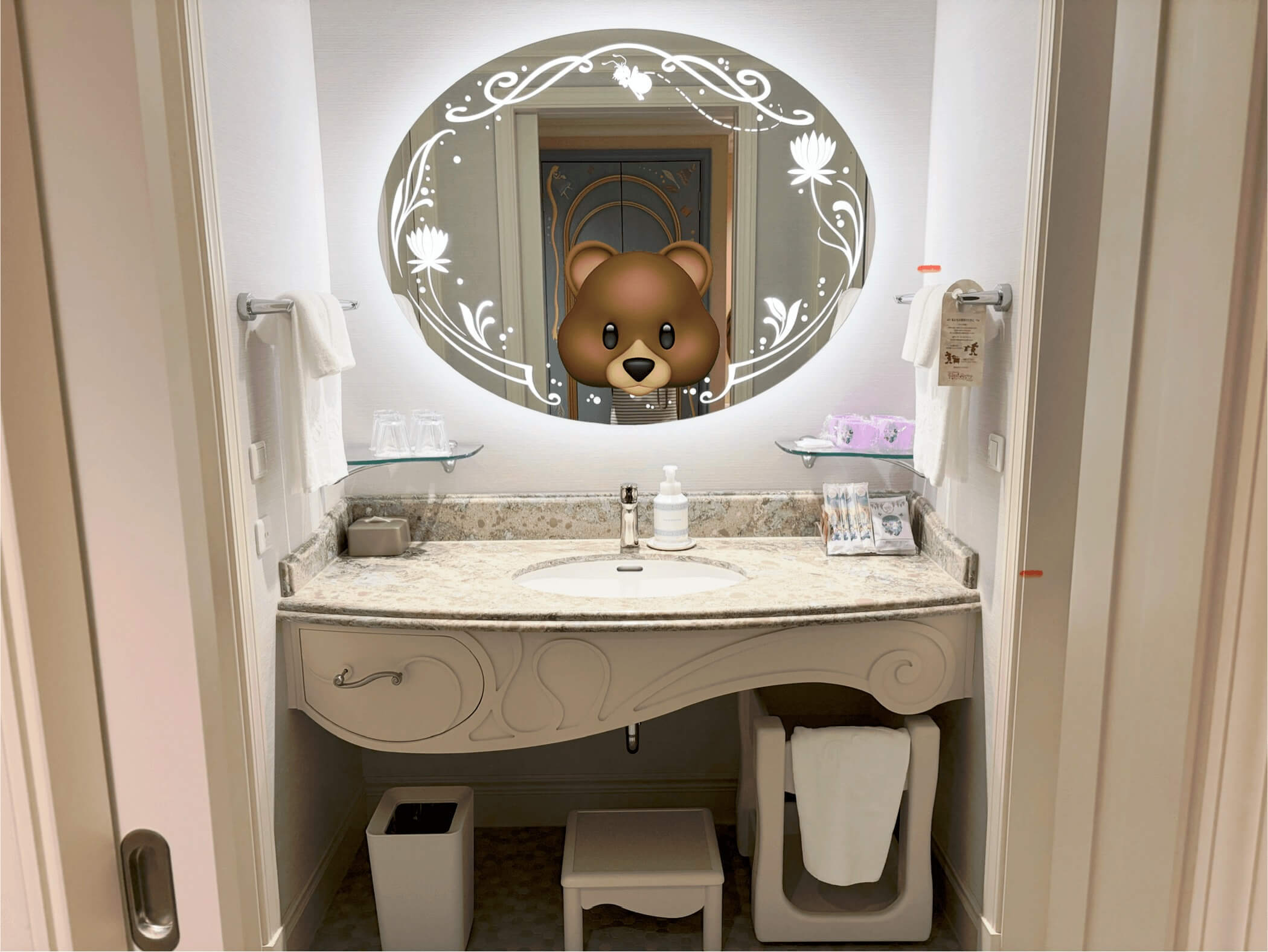 Fantasy Springs Hotel vanity with large mirror — great for morning routines